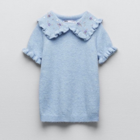 Zara Women’s S Soft Blue Peter Pan Embellished Beaded Collar Knit Sweater Top - Picture 3 of 9